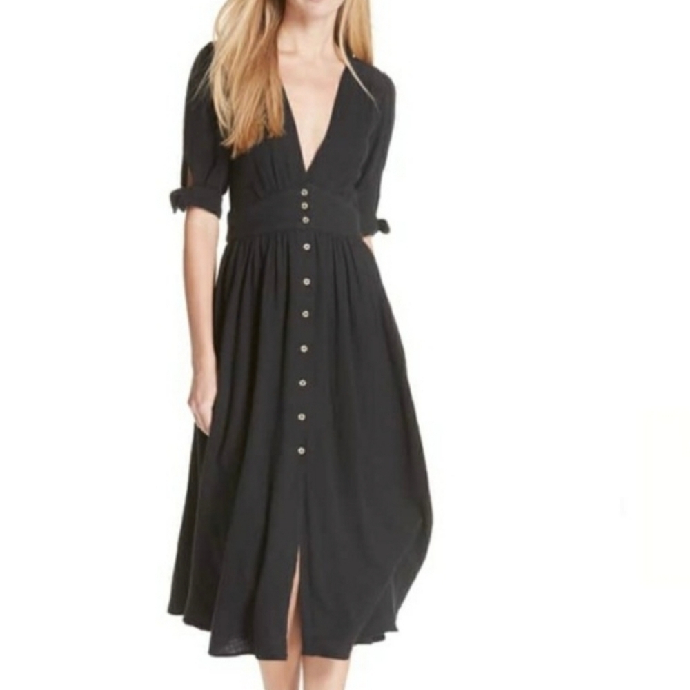 Free People Black Midi Button-Front Dress - Picture 5 of 14